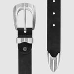 Black leather belt with silver buckle on a light gray background
