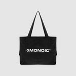 Black suede tote bag with laptop compartment and embroidered logo | MONOIC Studios bags