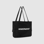 Black suede tote bag with laptop compartment and embroidered logo | MONOIC Studios bags