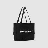 Black suede tote bag with laptop compartment and embroidered logo | MONOIC Studios bags