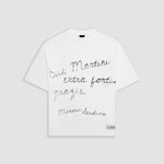 Egret White Boxy Fit T-Shirt with distressed screen-print and coffee-splatter effect, featuring woven Monoic side label.