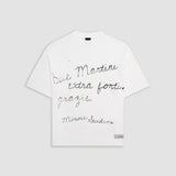 Egret White Boxy Fit T-Shirt with distressed screen-print and coffee-splatter effect, featuring woven Monoic side label.