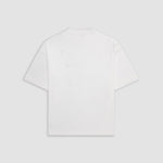 Egret White Boxy Fit T-Shirt with distressed screen-print and coffee-splatter effect, featuring woven Monoic side label.