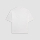 Egret White Boxy Fit T-Shirt with distressed screen-print and coffee-splatter effect, featuring woven Monoic side label.