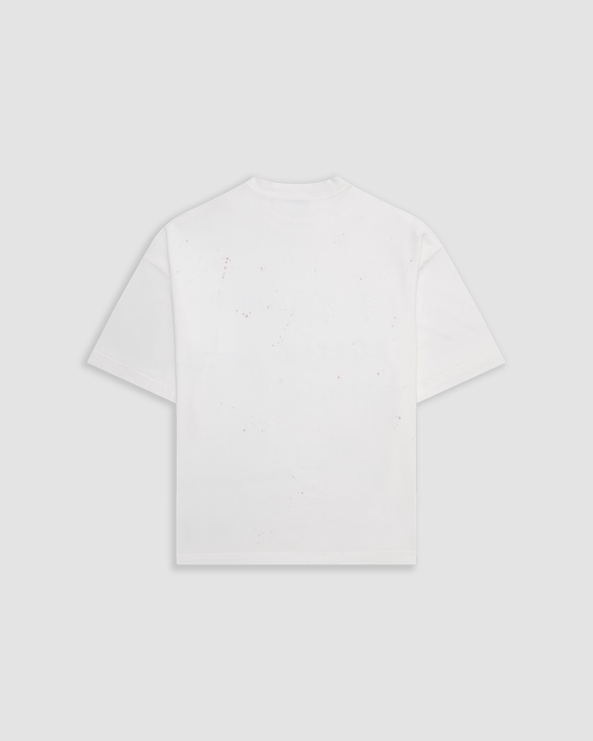 Egret White Boxy Fit T-Shirt with distressed screen-print and coffee-splatter effect, featuring woven Monoic side label.