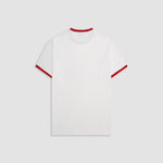 Camiseta Tutto Bene Ringer Fit blanco hueso con cuello y mangas rojas y estampado milano desgastado | MONOIC 