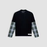 Camiseta negra oversized con doble manga en cuadros verdes y blancos con un bordado trasero en la parte superior | Camisetas MONOIC 
