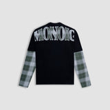 Camiseta negra oversized con doble manga en cuadros verdes y blancos con un bordado trasero en la parte superior | Camisetas MONOIC 