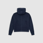 Zip Knitwear Hoodie in Navy Blue with metallic monogram, kangaroo pocket, and double zipper.