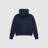 Zip Knitwear Hoodie in Navy Blue with metallic monogram, kangaroo pocket, and double zipper.