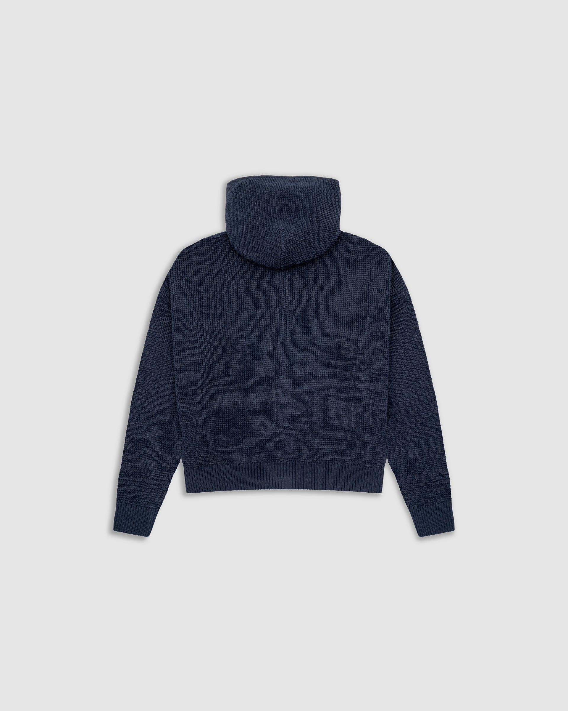 Zip Knitwear Hoodie in Navy Blue with metallic monogram, kangaroo pocket, and double zipper.