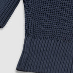 Zip Knitwear Hoodie in Navy Blue with metallic monogram, kangaroo pocket, and double zipper.