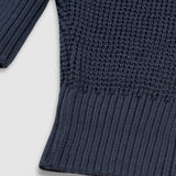 Zip Knitwear Hoodie in Navy Blue with metallic monogram, kangaroo pocket, and double zipper.