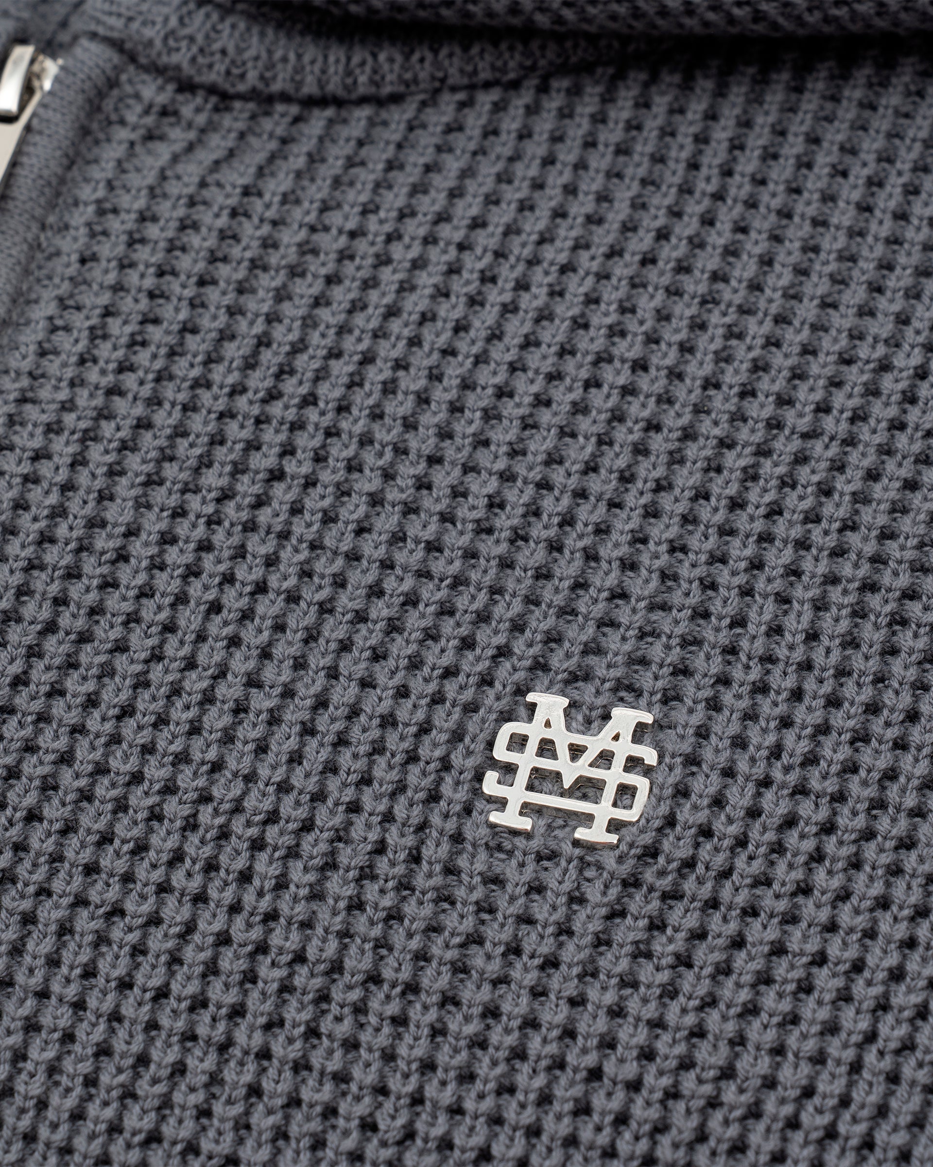 Gray  Knit Hoodie with metallic monogram and zipper