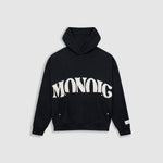 Hoodie La Vita È Bella in Dark Black with raised back print, kangaroo pocket, and metallic details.

