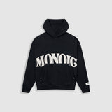 Hoodie La Vita È Bella in Dark Black with raised back print, kangaroo pocket, and metallic details.
