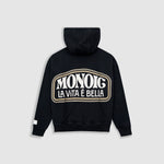 Hoodie La Vita È Bella in Dark Black with raised back print, kangaroo pocket, and metallic details.
