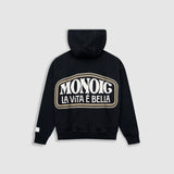 Hoodie La Vita È Bella in Dark Black with raised back print, kangaroo pocket, and metallic details.
