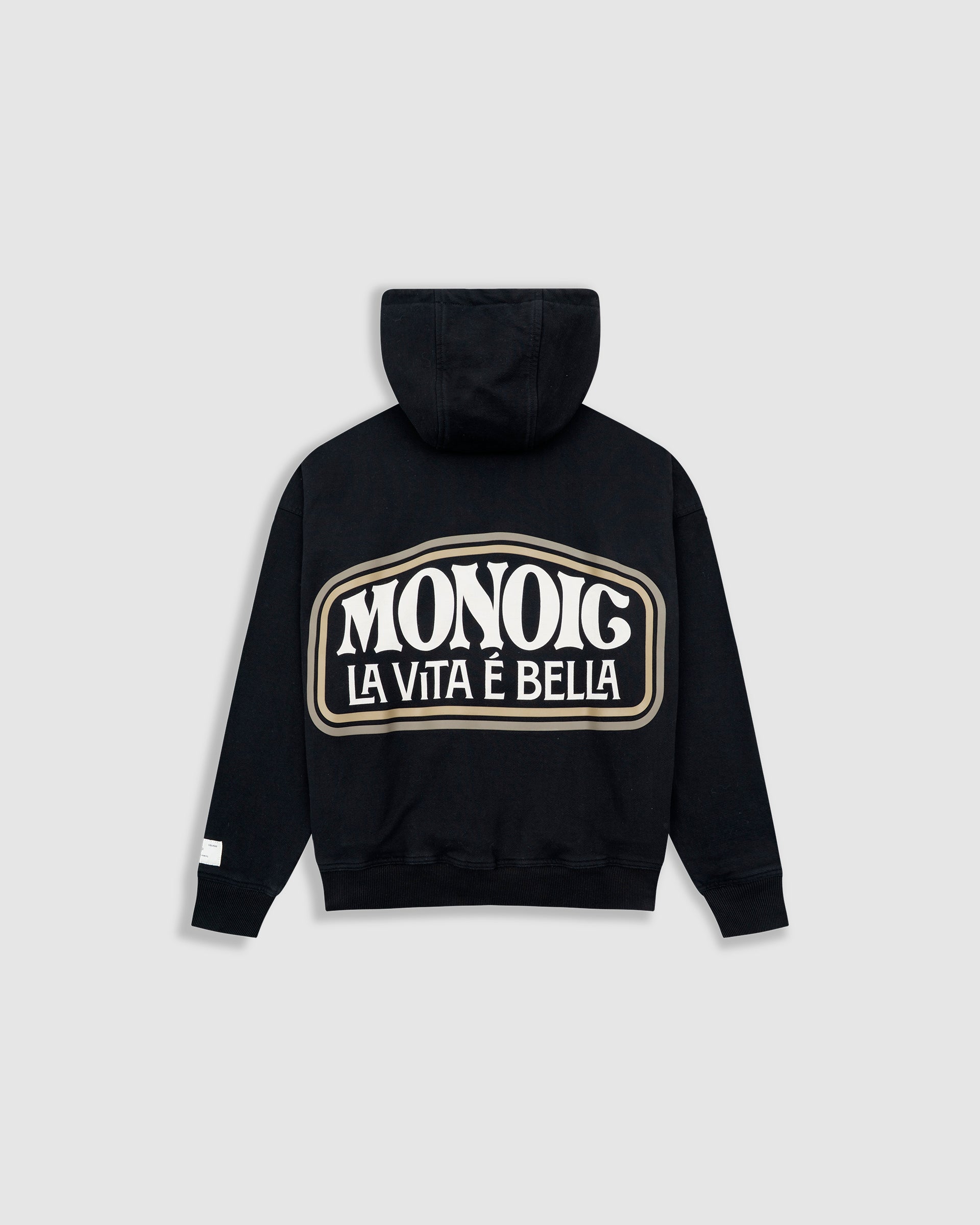 Hoodie La Vita È Bella in Dark Black with raised back print, kangaroo pocket, and metallic details.
