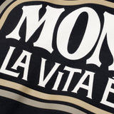 Hoodie La Vita È Bella in Dark Black with raised back print, kangaroo pocket, and metallic details.
