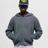 Gray  Knit Hoodie with metallic monogram and zipper