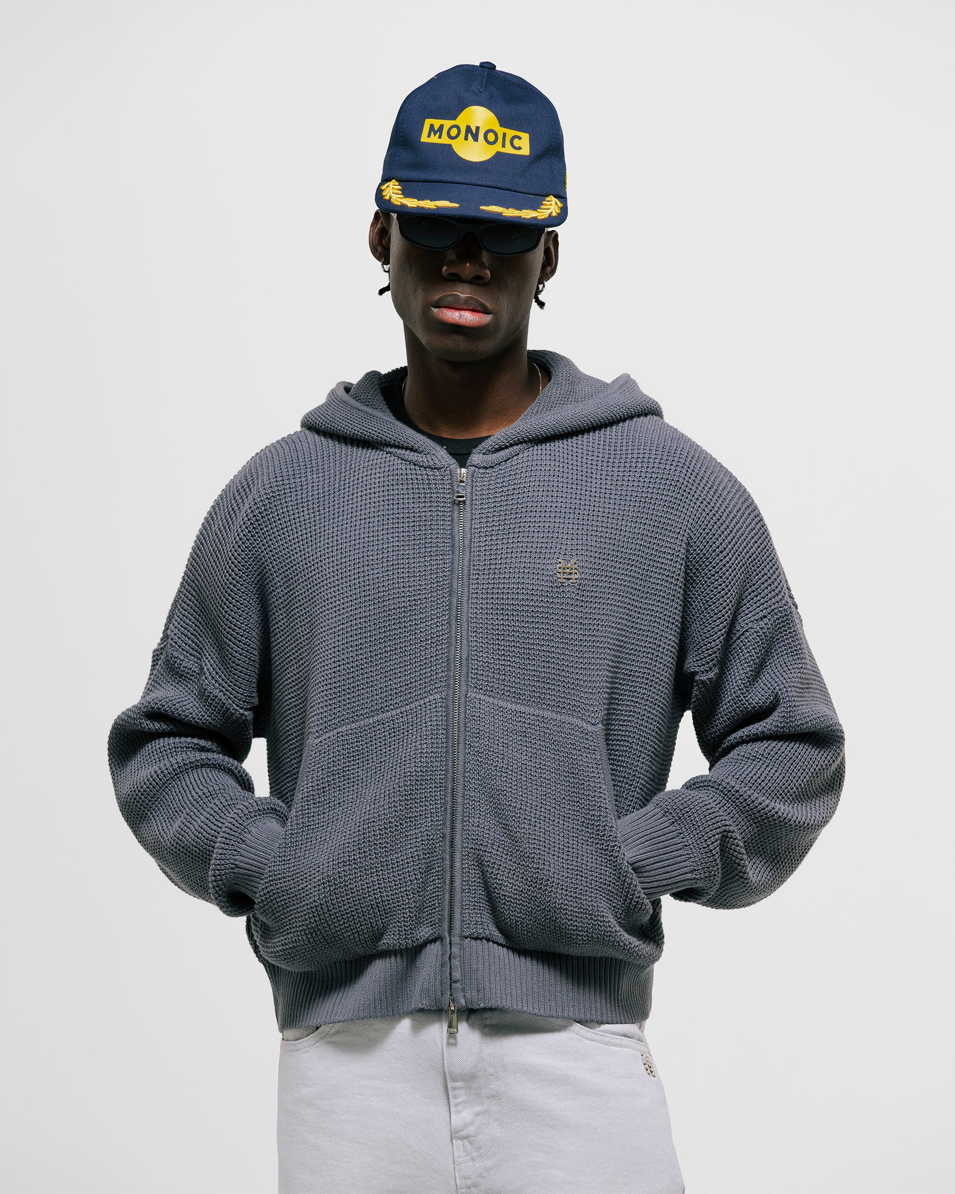 Gray  Knit Hoodie with metallic monogram and zipper