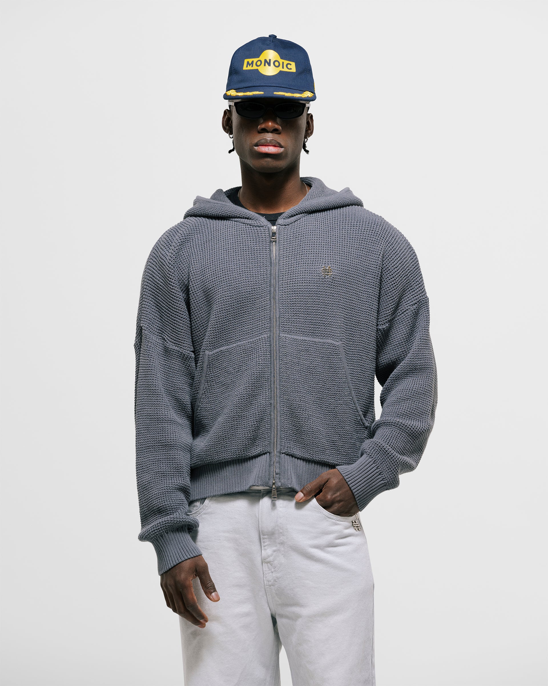 Gray  Knit Hoodie with metallic monogram and zipper