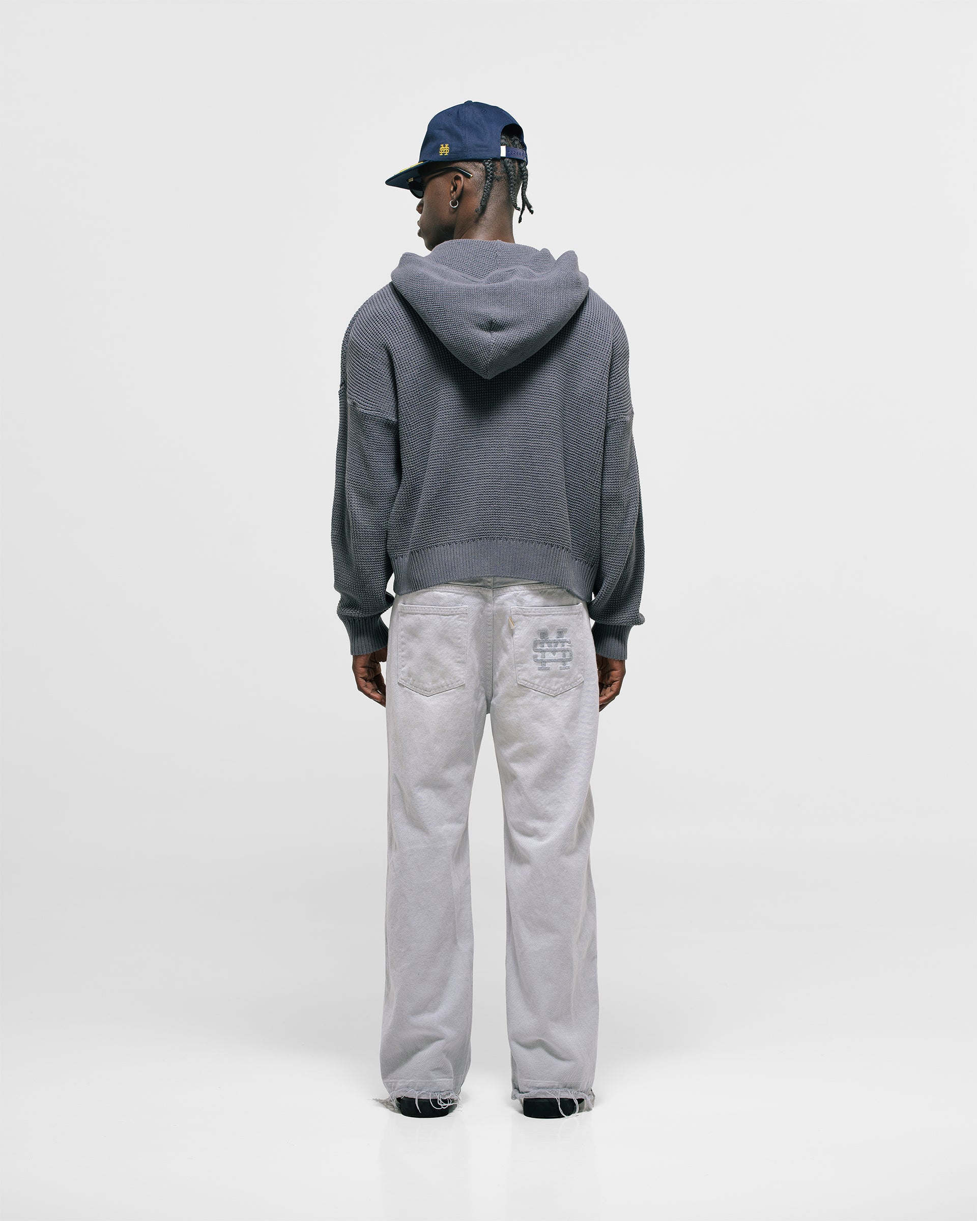 Gray  Knit Hoodie with metallic monogram and zipper