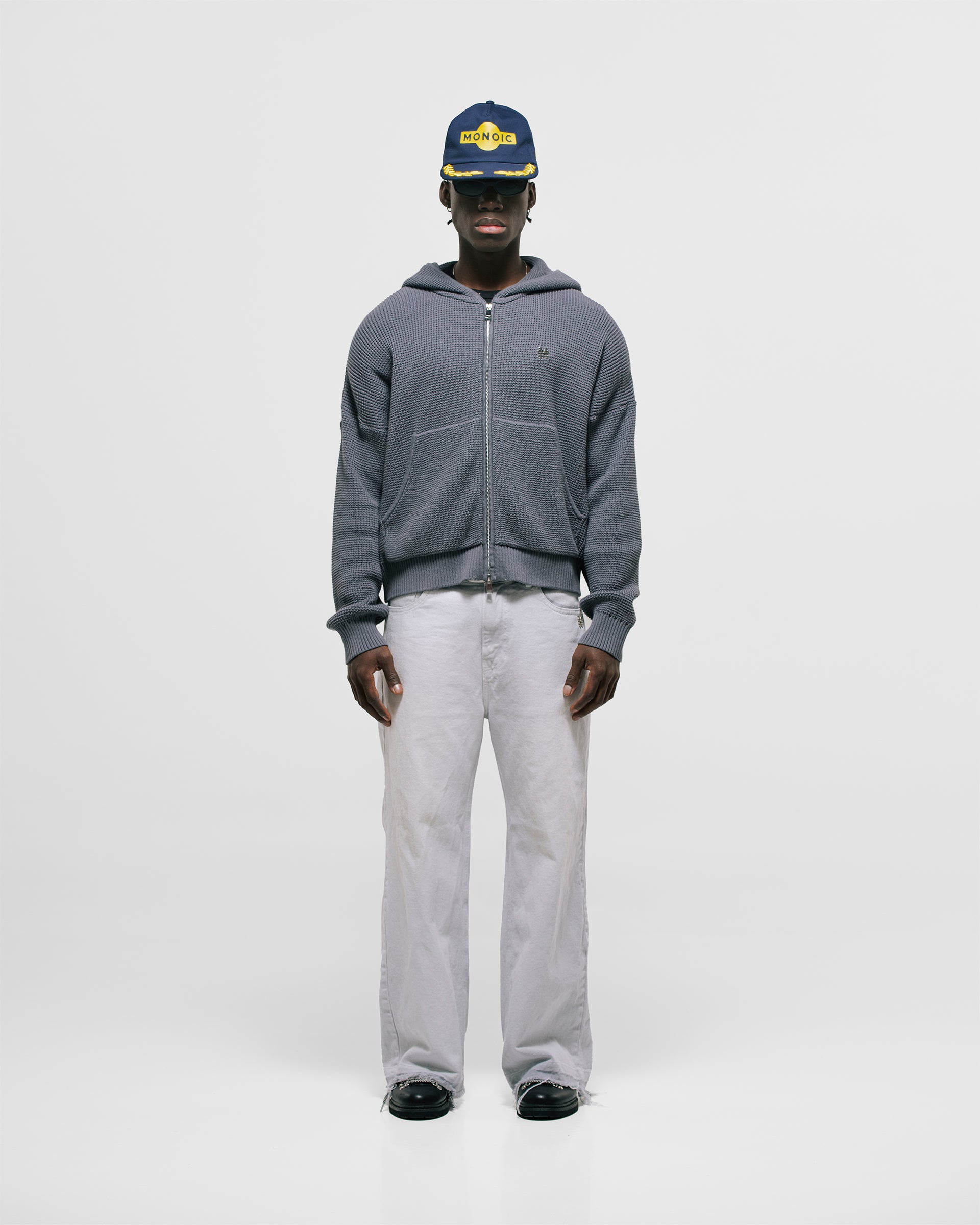 Gray  Knit Hoodie with metallic monogram and zipper