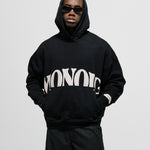 Hoodie La Vita È Bella in Dark Black with raised back print, kangaroo pocket, and metallic details.
