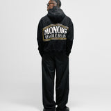 Hoodie La Vita È Bella in Dark Black with raised back print, kangaroo pocket, and metallic details.
