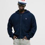 Zip Knitwear Hoodie in Navy Blue with metallic monogram, kangaroo pocket, and double zipper.